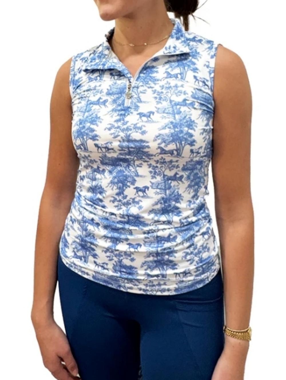 Dapplebay Equestrian Toilr Blue and White Sleeveless Zip Sleeveless - Picture 3 of 3
